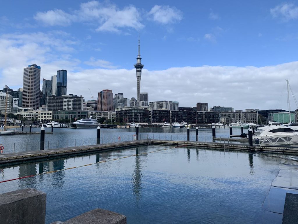 View of the Skytower in Auckland from Viaduct Harbour