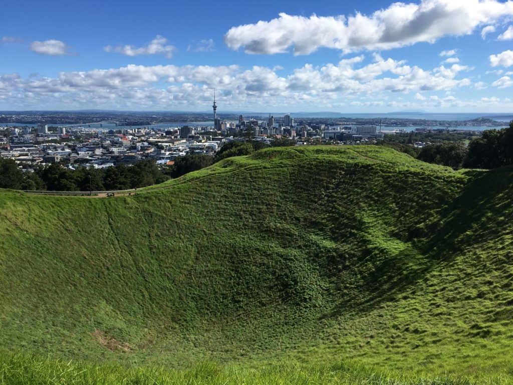 View over Mount Eden crater with Auckland city in the background