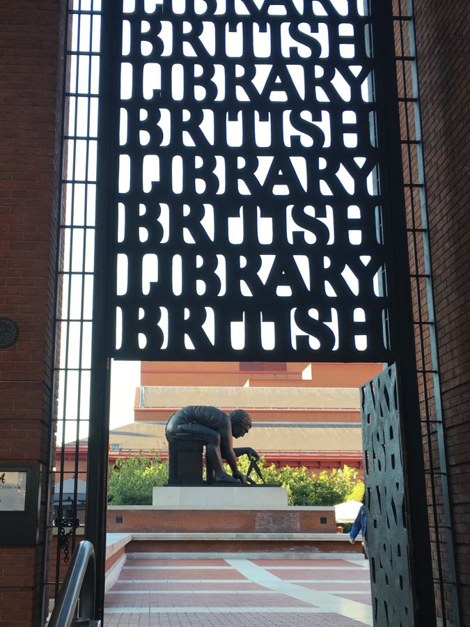 Entry to the British Library with St Isaac Newton's statue in the background