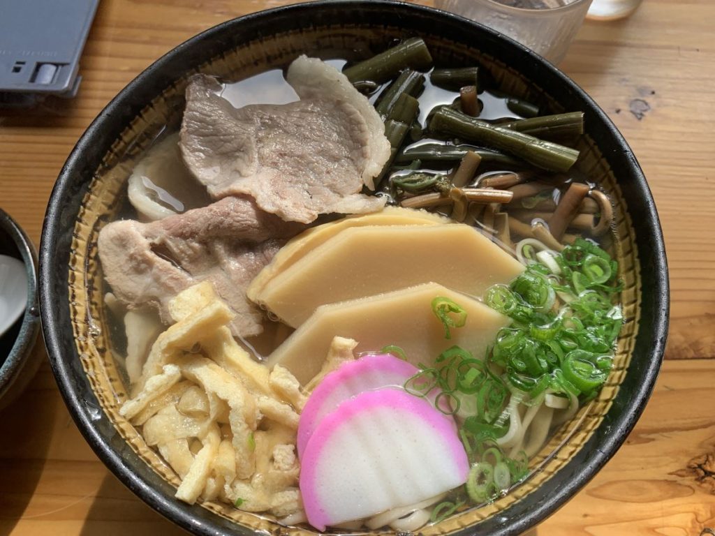 Soba noodles in broth with wild boar and mountain vegetables