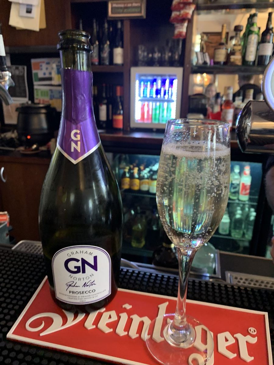 Bottle of Graham Norton Prosecco on the bar at The Patriot Hotel in Devonport