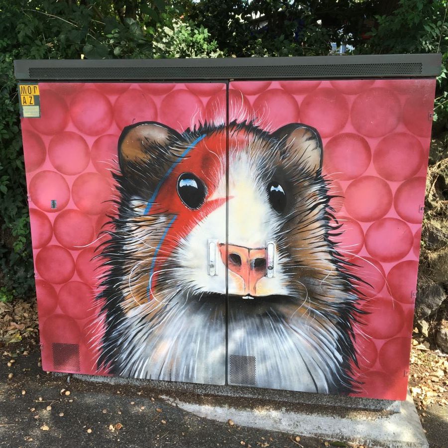 Painting of a hamster with the David Bowie Aladdin Sane lightning bolt on it's face