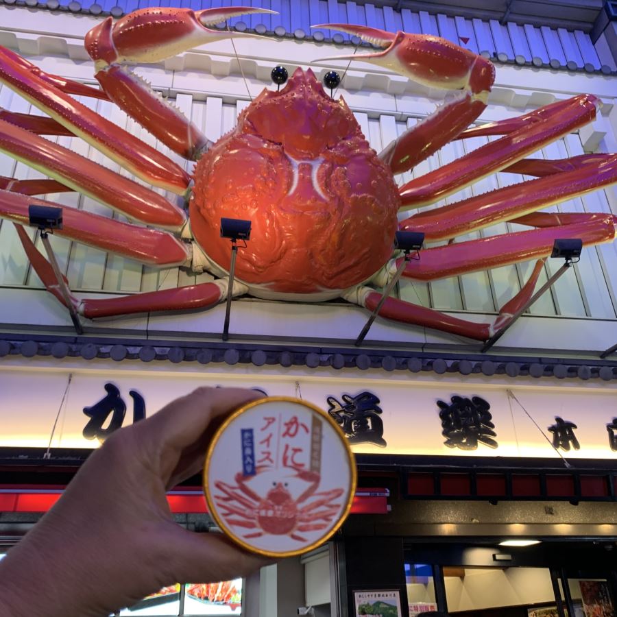 Hand holding a tub of crab flavoured ice cream in Dotonbori, Osaka