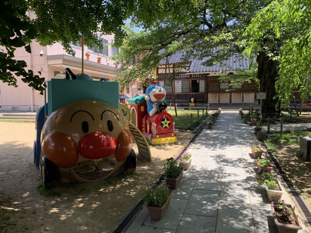 Bright coloured children's play equipment in Gyokuryuji in Kanazawa