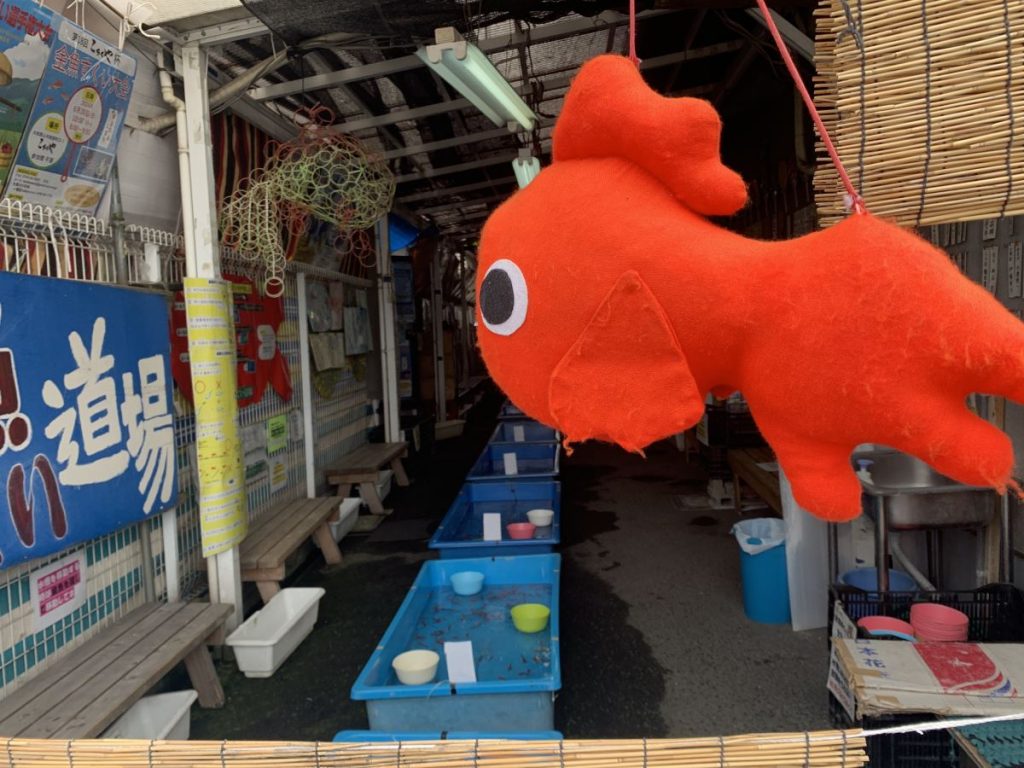Blue tanks full of goldfish line the shop. Plastic buckets sit on top. Stuffed fish toys hang around the ceilling.