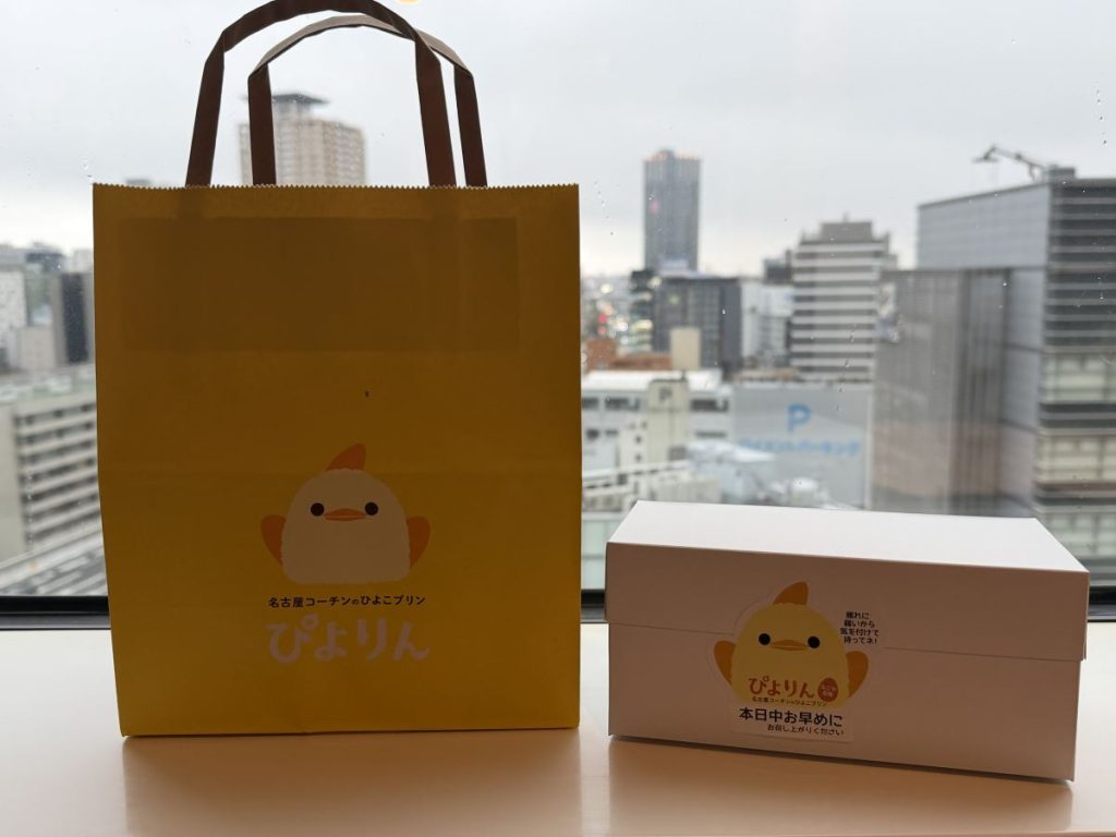 Cute chick bag and box carrying Piyorin cakes in Nagoya